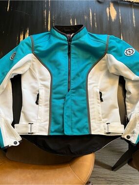First Gear Aqua/Teal & White Women's Padded Moto Jacket M